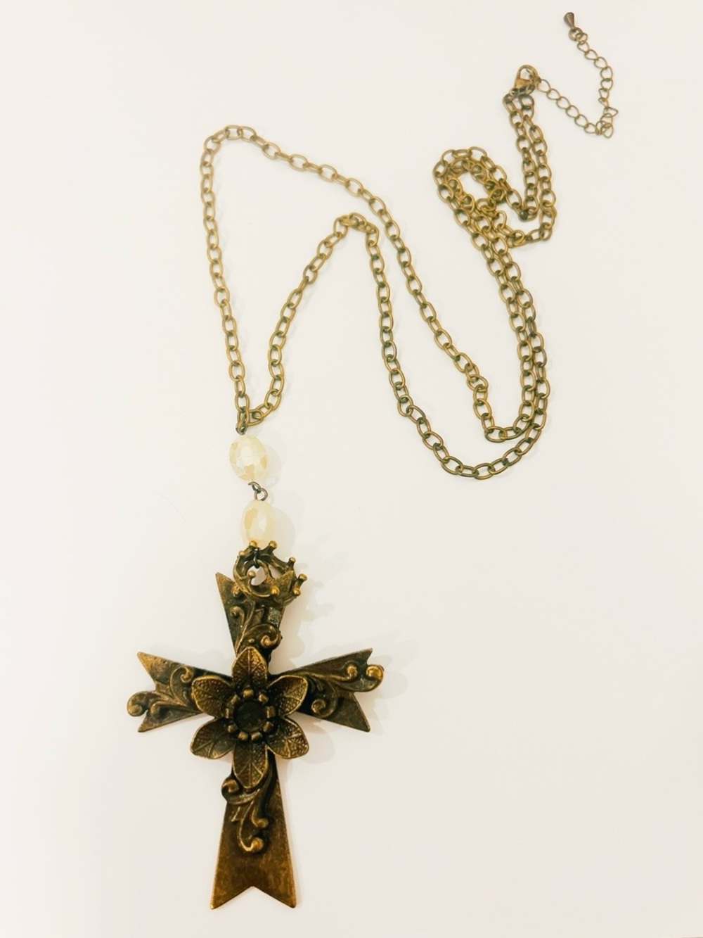 Antique Gold Floral Crown Vintage Gypsy Cross Pendant Necklace with Swarovski
